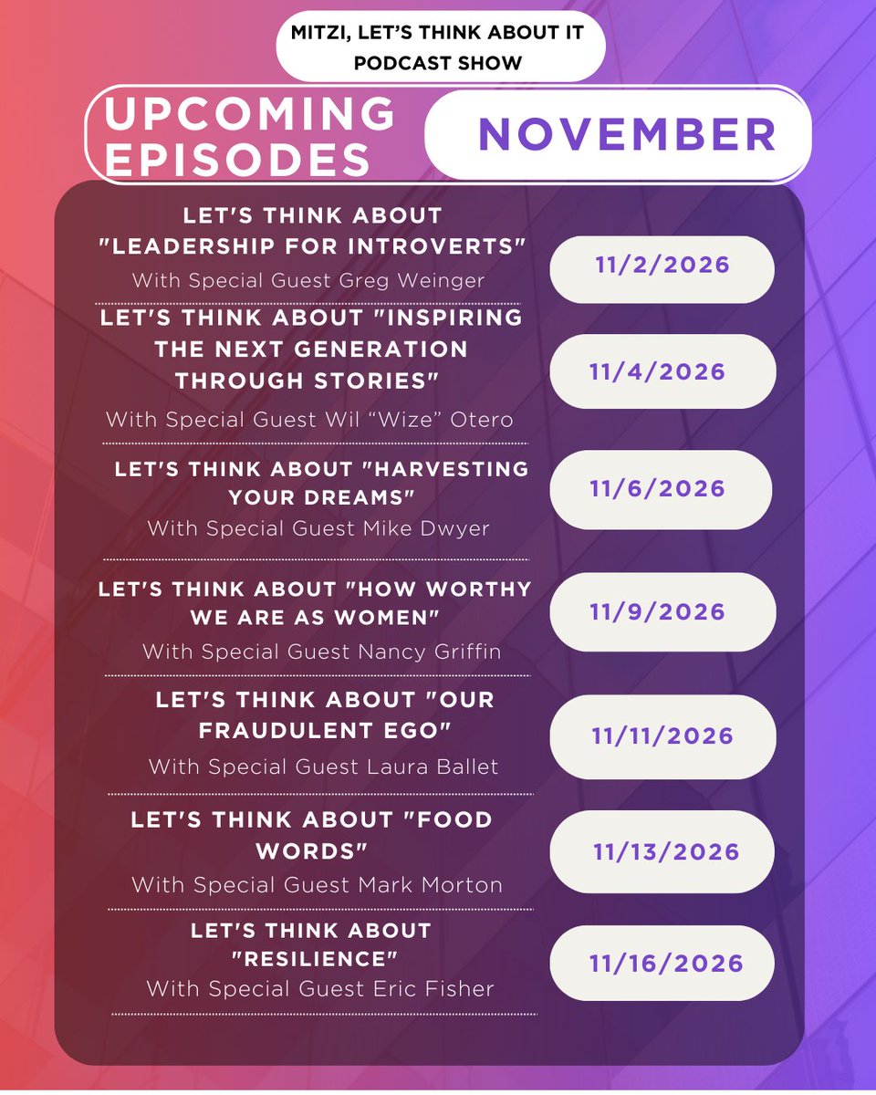 MitziThinkInc's tweet photo. Another round of deep conversations is coming to Mitzi, Let’s Think About It 🎙️

If you can think about it, we can talk about it. Conversations made to challenge minds, touch hearts, and inspire change. ❤️

#Podcast #Healing #Mindset #DeepTalks #PersonalGrowth https://t.co/4omrZo40YM