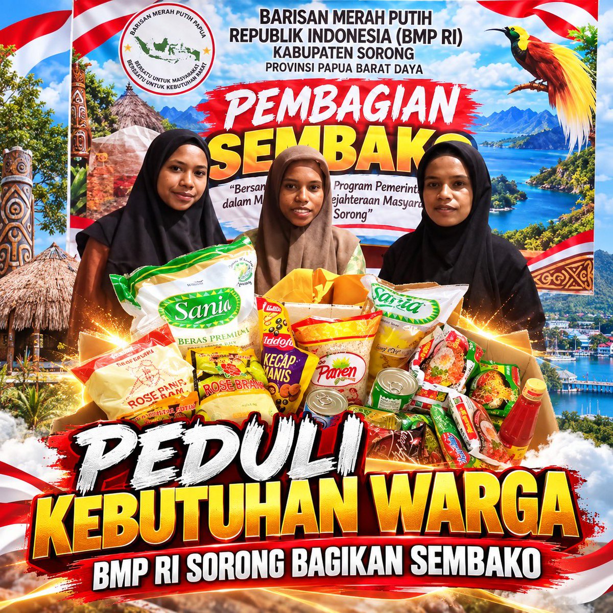 PapuaRealToday's tweet photo. BMP RI Sorong melaksanakan kegiatan sosial dengan membagikan paket sembako kepada masyarakat.

#BarisanMerahPutih
#ProgramPemerintah
#Sembako
#InfoPapua https://t.co/H31YgkoXGh
