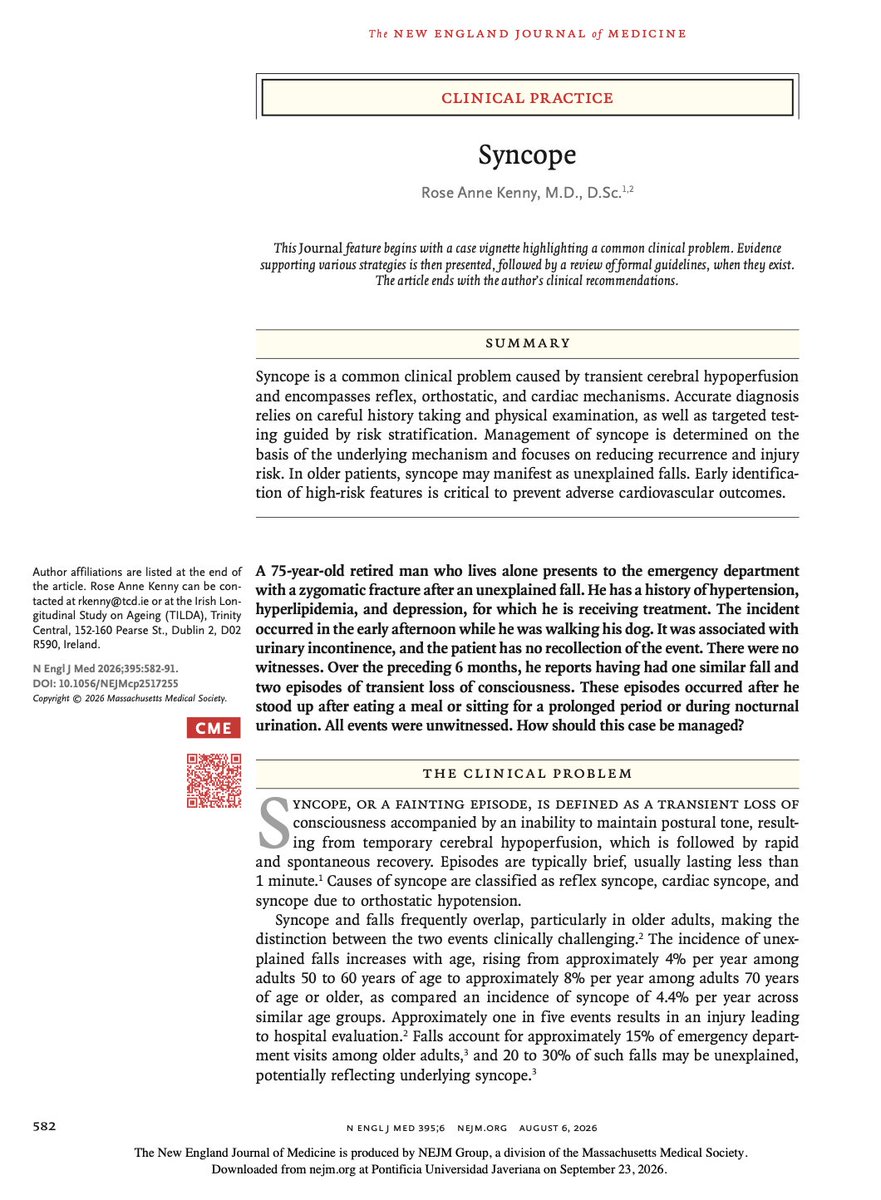 RhenalsMedint's tweet photo. Sincope NEJM 2026.
Buena revision para ponerse al día con las cosas mas importantes. Cojea un poco con las figuras 2 y 3 pero de resto, está excelente. 

Recomendado.
Revista Q1. https://t.co/rjq8HE5lOB