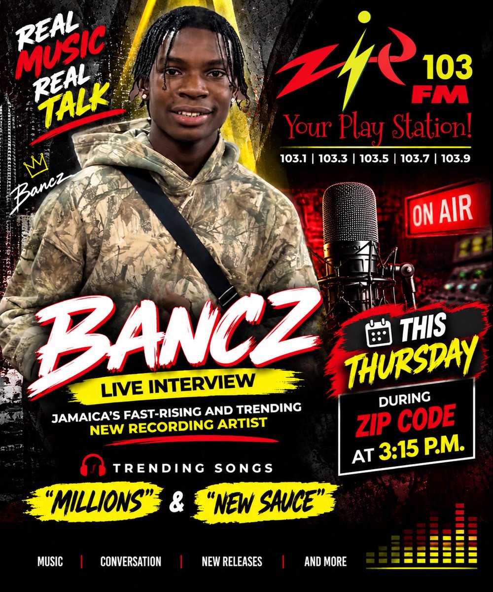 R_M_E_Musiq's tweet photo. Catch the fastest rising dancehall artiste in the business today #BANCZ LIVE ON @zip103fm tomorrow during #ZipCode his latest drop “New Sauce” is now trending #5 via @YouTube Jamaica! Kgn 13, Maxfield Avenue talent now making waves across streaming platforms #Music #Entertainment https://t.co/croijXi7Zh