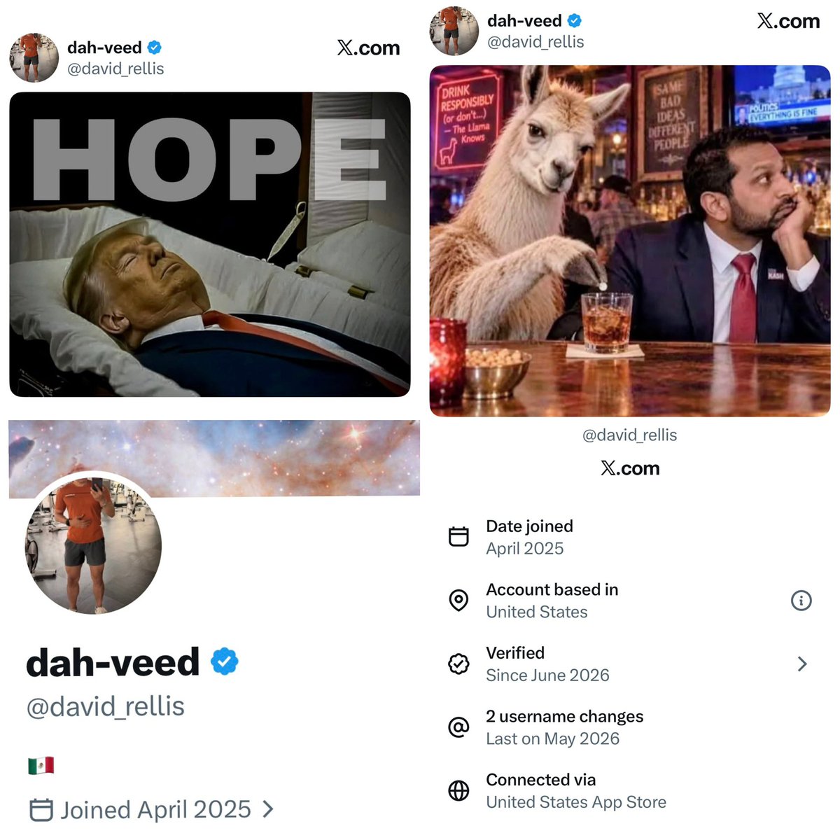 libsoftiktok's tweet photo. This account praying for Trump to die and appearing to threaten @FBIDirectorKash has a mexican flag in his bio but connected via U.S. app store

.@StateDept should see if he’s a U.S. citizen, and if not, ensure he’s not allowed into our country.

We don’t need more violent m*rder loving psychopaths in our country. We already have the Democrats for that.