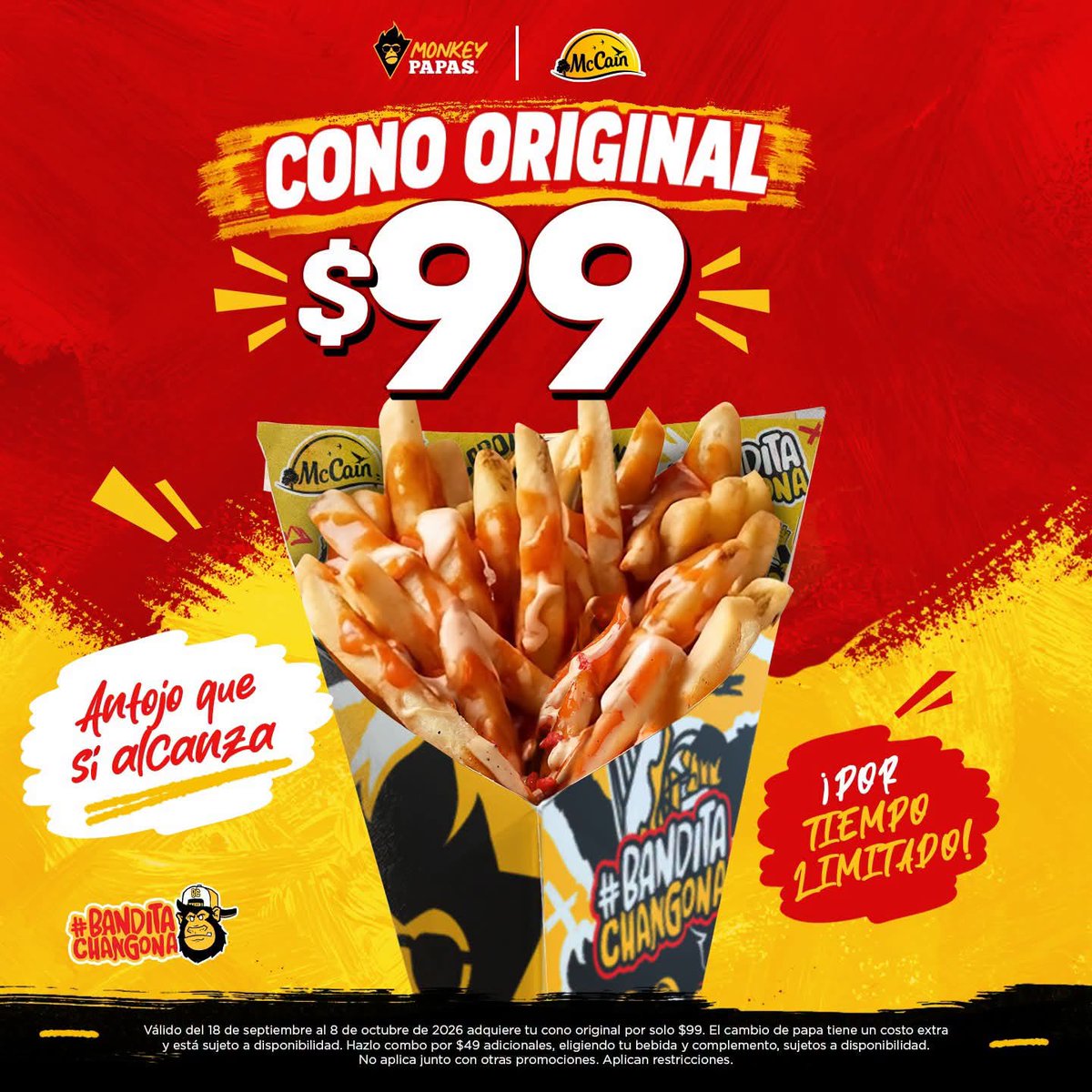 P_UNIVERSIDAD's tweet photo. Cono Original por solo $99
Date ese gustito bien changón. 
¡Aprovecha porque es por tiempo limitado! 
#MonkeyPapas #BanditaChangona #AntojoQueSíAlcanza #ConoOriginal
Válido del 18 de septiembre al 8 de octubre de 2026. Adquiere tu cono original por $99. https://t.co/9dOzP5G3dU