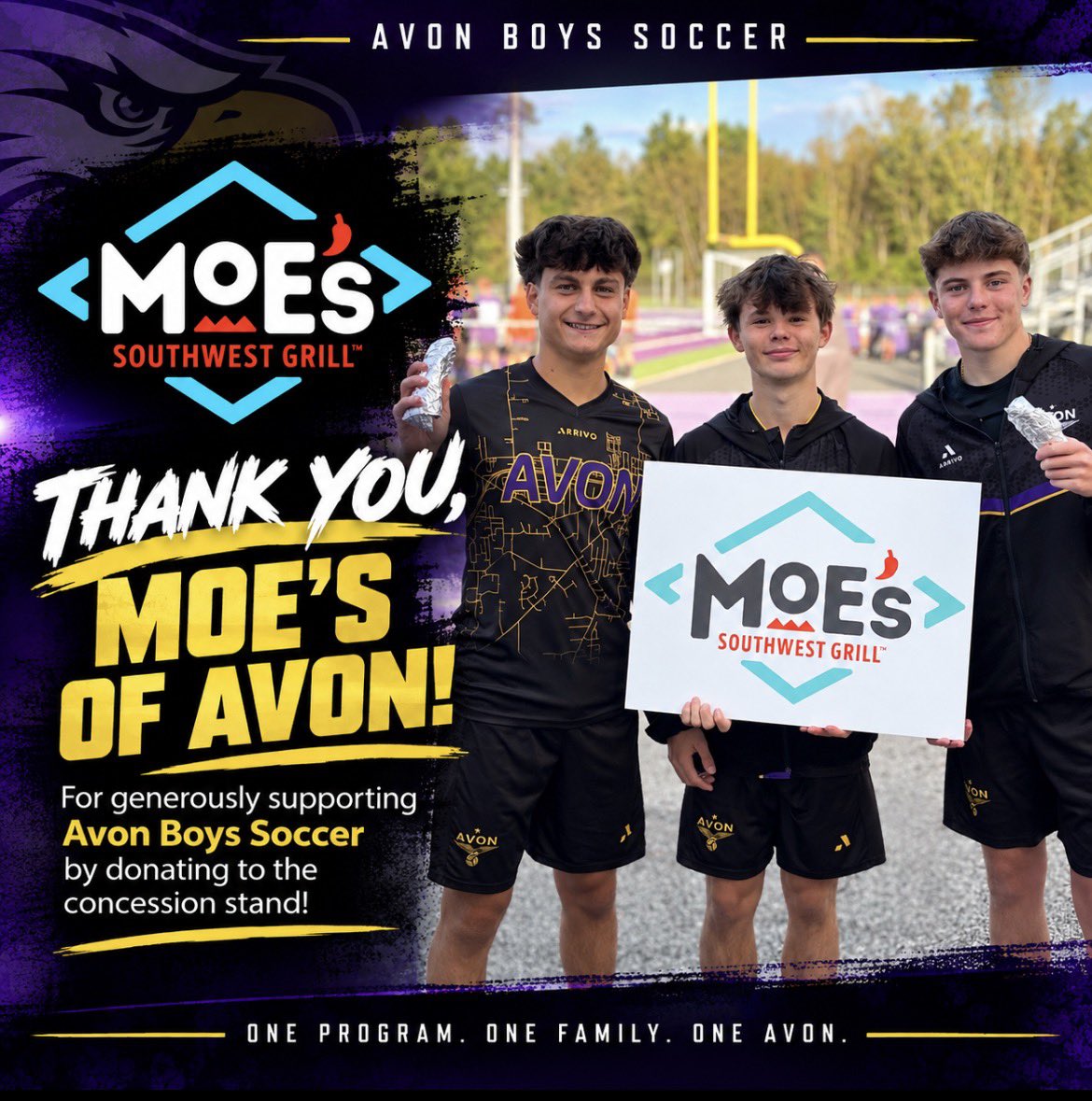 Avon_BoysSoccer's tweet photo. A huge THANK YOU to Moe’s Southwest Grill of Avon for generously donating to tonight’s concession stand! 🌯💜💛

We’re incredibly grateful for local businesses that step up to support our players and program.

One program. One family. One Avon. 🦅 https://t.co/dCxFKqmB4o