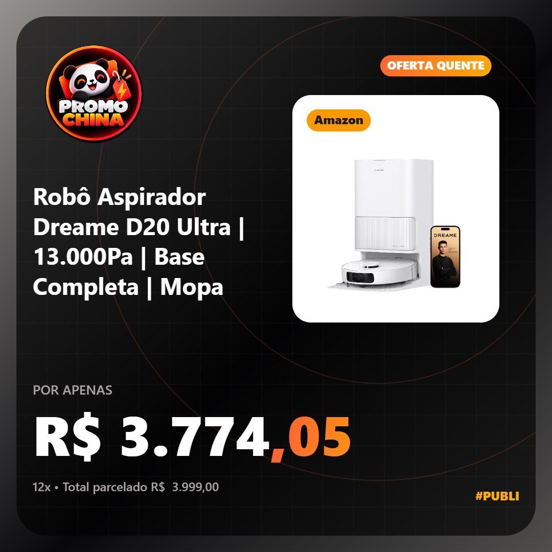 promochina_'s tweet photo. ⚡️ Robô Aspirador Dreame D20 Ultra | 13.000Pa | Base Completa | Mopa
💲 R$ 3.774,05 (no Pix)
💲 R$  3.999,00 (em 12x de R$ 333,25 sem juros)
🔗 https://t.co/fSZIvIPLpe

✅ A Dreame faz parte da Xiaomi e possui suporte oficial no Brasil. Inclusive, o robô é vendido pela própria marca.