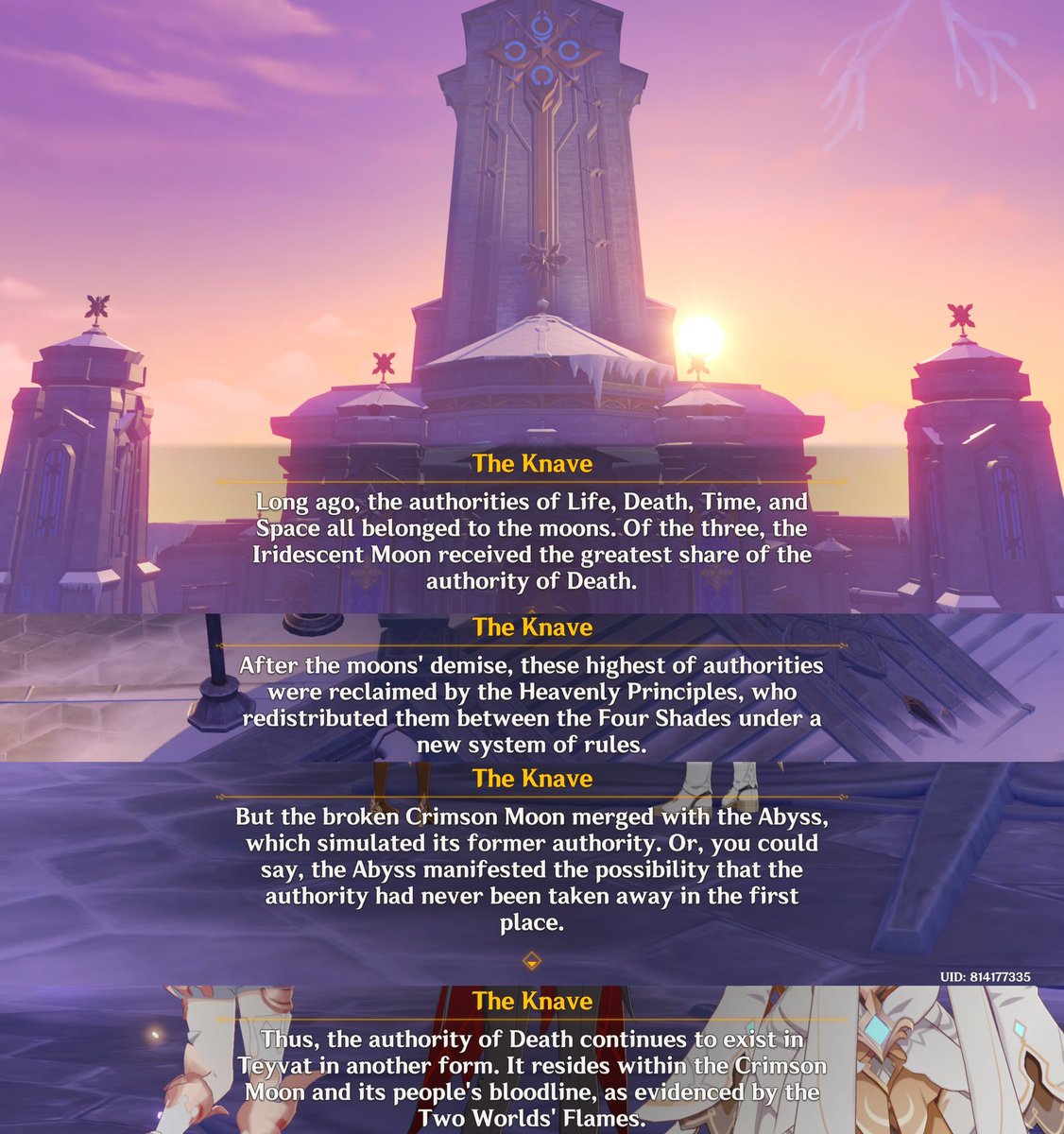 luluraemi's tweet photo. // 7.1 snezhnaya archon quest spoiler

so they confirmed the moon sisters, aria sonnet and canon authority were the basis of the 4 shades authority and the shades were created to be their replica.

is there anything original heavenly principles ever done in the first place? man. https://t.co/0rIfDLqahV