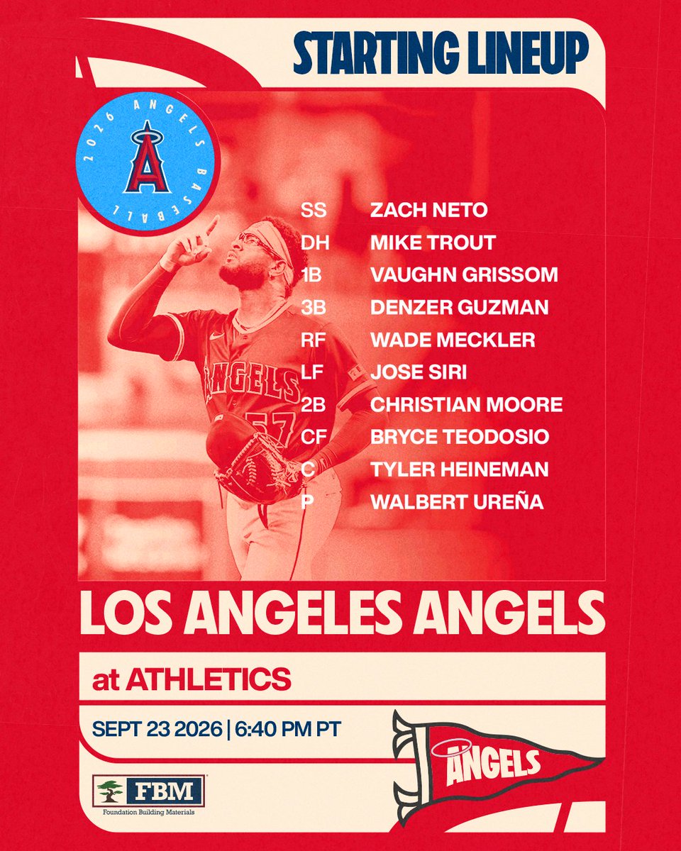 September 23 Lineup at Athletics: SS Zach Neto, DH Mike Trout, 1B Vaughn Grissom, 3B Denzer Guzman, RF Wade Meckler, LF Jose Siri, 2B Christian Moore, CF Bryce Teodosio, C Tyler Heineman, P Walbert Ureña