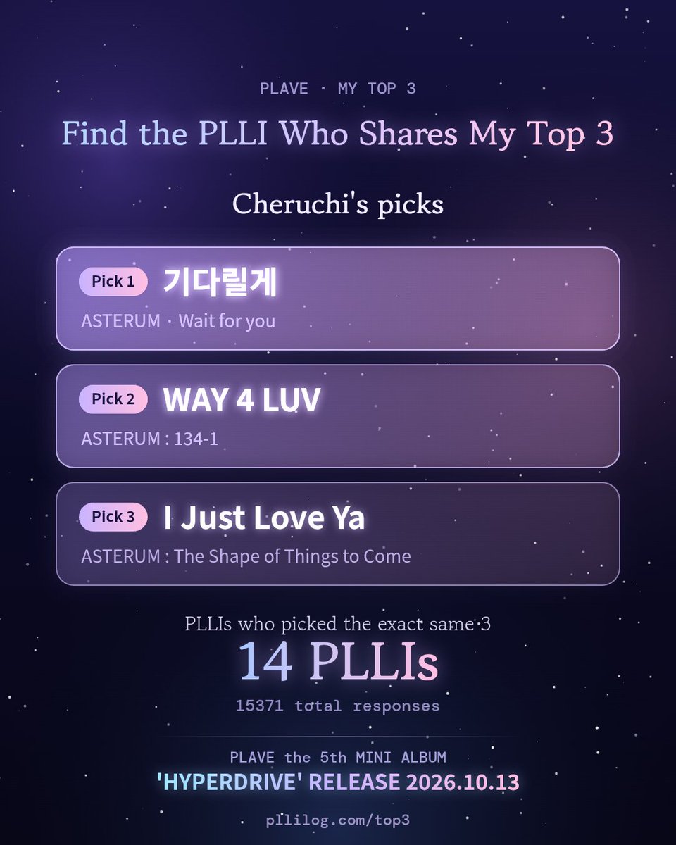 cheruchi_desu's tweet photo. I thought there wouldn't be other PLLIs who would choose the same songs as me, but there are 14🥹 It's hard to choose just 3 though😅 
https://t.co/AlXeIlwObb https://t.co/kitKO9TInZ