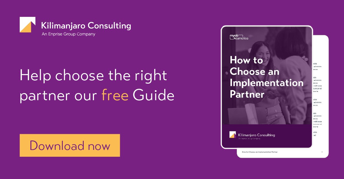 kilimanjaroANZ's tweet photo. The success of your ERP project depends on more than software alone. Our guide provides helpful information to make a more informed choice.
Download your free copy: https://t.co/oVfcg9nXFJ
#ERP #ERPImplementation #MYOBAcumatica #BusinessTransformation #KilimanjaroConsulting https://t.co/jhbRuVVSXt