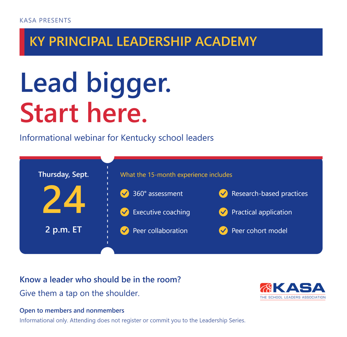 KASAEdLeader's tweet photo. Principals, ready for what's next? District leaders, know a principal who is? Join KASA's Principal Leadership Academy webinar tomorrow to learn about this 15-month experience built for Kentucky principals. https://t.co/VvQTEP7Mv7 https://t.co/FhvJhY8uGQ