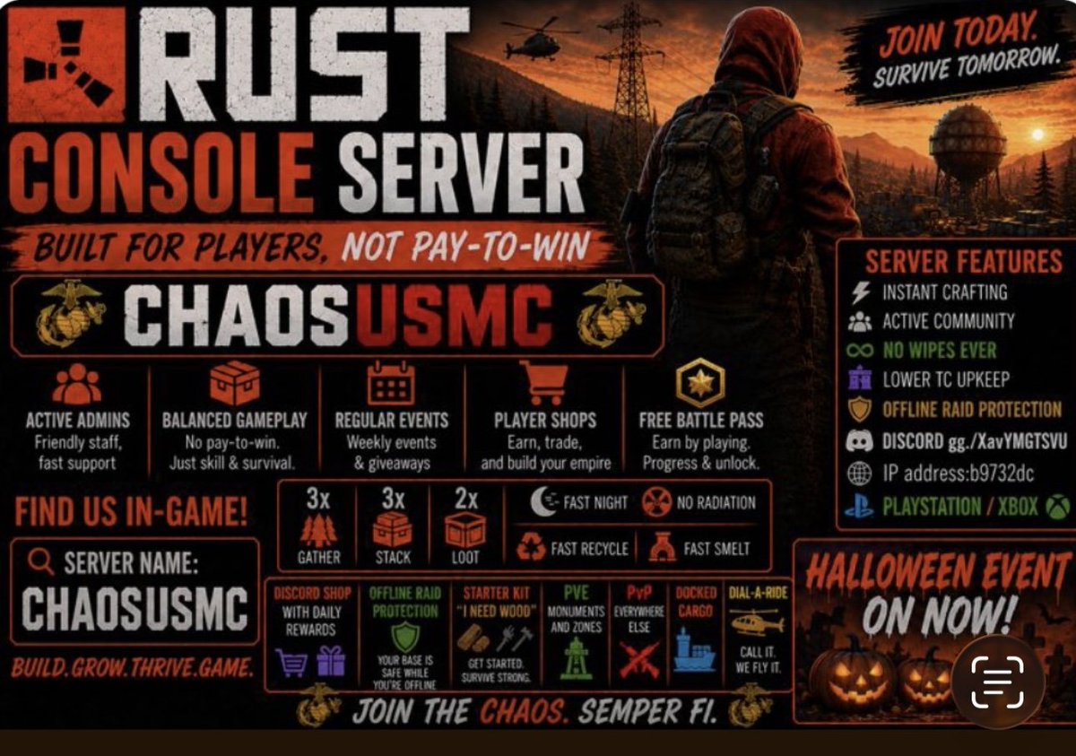 kevenhammonds's tweet photo. Calling all gamers. Looking for a fun and chill server to get into Rust? Look no further than CHAOSUSMC. We are a chill group with an awesome admin. Come check it out. https://t.co/pYywFOhxwq