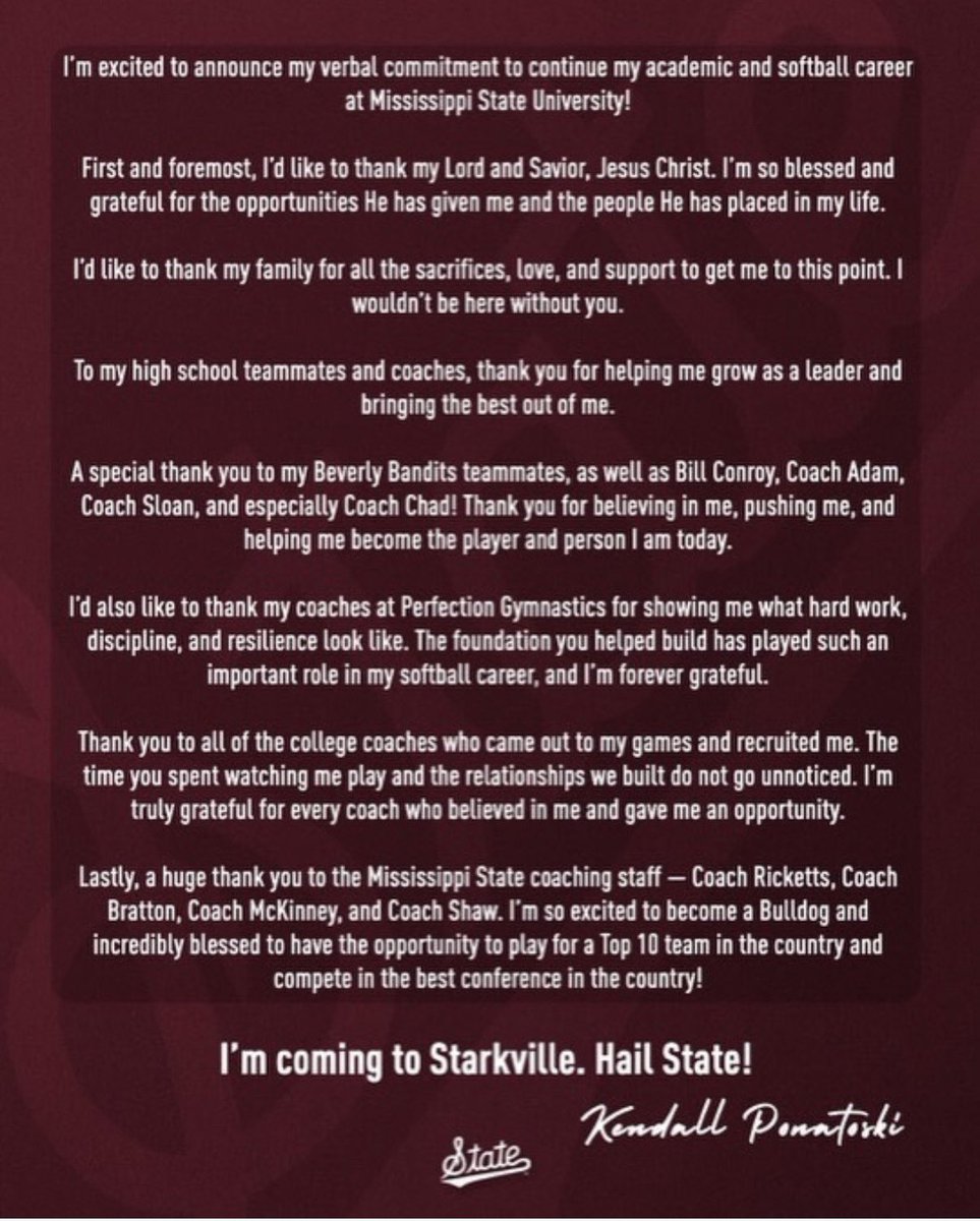 KPonatoski3's tweet photo. Excited to announce my commitment to Mississippi State! @HailStateSB https://t.co/Qg7BN7SnDC