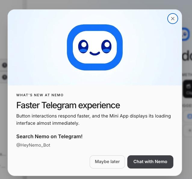 HeyNemoAI's tweet photo. Small addition to Nemo - login popup.  🆕

Now, when you log in at https://t.co/EJFbjS7ZCr, you'll see a quick "What's New" popup card.

So you'll always be up to date with everything we ship. https://t.co/HFdUE0hdUa