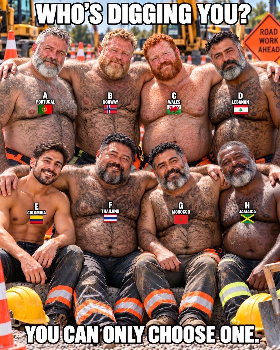 jeffyramalhoM's tweet photo. These roadworks finally have my attention. 🐻🚧 Who’s your pick—A to H? One only! 👀

#GayBear #BearCommunity #BearsAndChasers #Tradies #GayHumour https://t.co/qvHCsrWBeZ