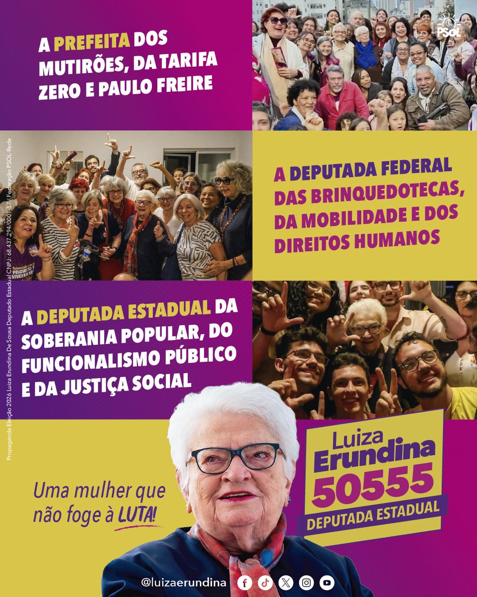 luizaerundina's tweet photo. Minha história foi feita de luta. Na Prefeitura, na Câmara e agora como candidata a deputada estadual, sigo defendendo aquilo em que acredito: participação popular, serviço público e justiça social.

Ainda tenho muita luta pela frente!

#ErundinaDeputadaEstadual50555 #Lula13 https://t.co/vokRma0IiS