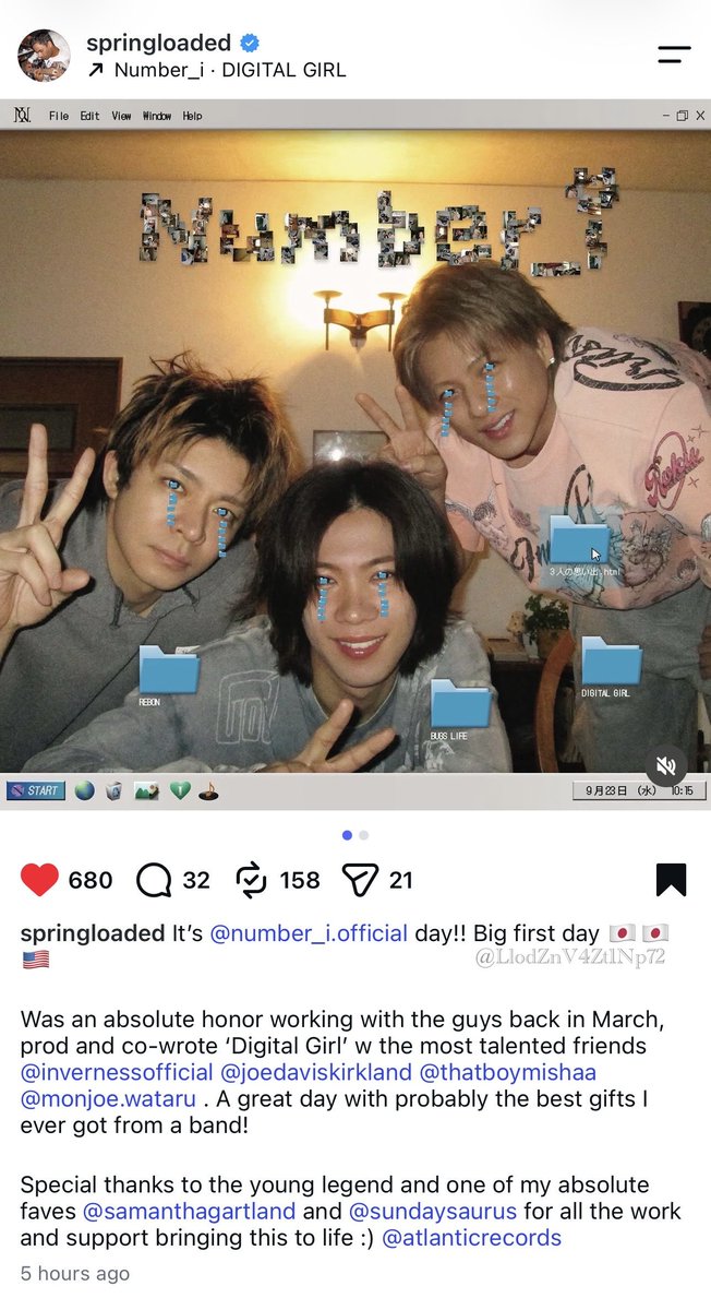 LlodZnV4Zt1Np72's tweet photo. @ springloaded
3月に彼らと一緒に仕事できたことは、本当に光栄でした。『DIGITAL GIRL』をプロデュース、共作しました。素晴らしい1日でした！

@ sundaysaurus
Number_iと一緒にこの作品を世に出せて嬉しい。この作品は他の作品よりも少し特別なものを私に残してくれた

#Number_i #Ni_DIGITALGIRL https://t.co/RQWHwhvp3b