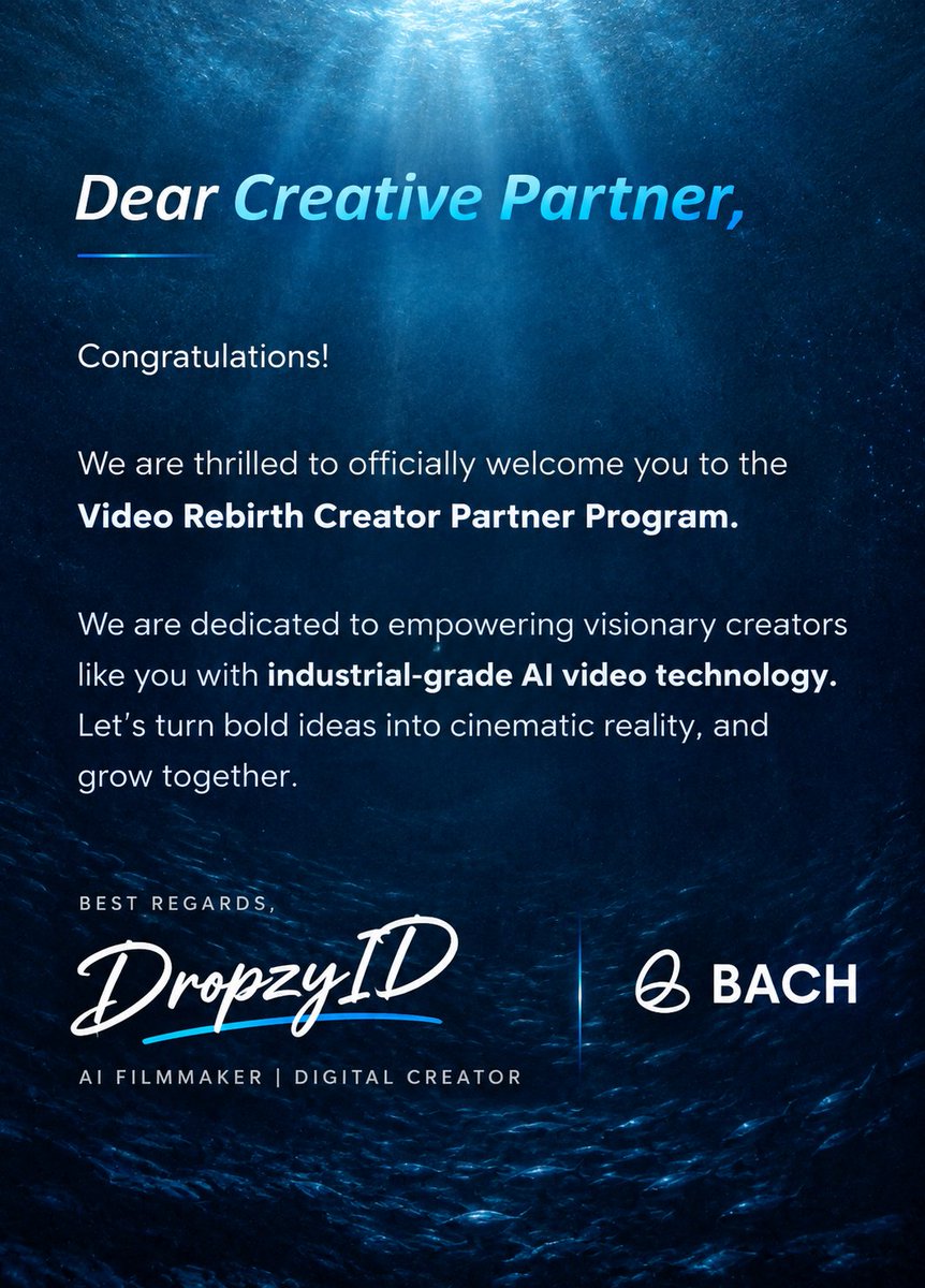 DropzyID's tweet photo. Officially joining the BACH @video_rebirth  Creator Partner Program. 🎬✨

Excited to explore new possibilities in AI filmmaking, cinematic storytelling, and next-generation video creation.

Ready to turn bold ideas into cinematic reality. 🚀

#BACH  #AIFilmmaker #AICreator https://t.co/kmMjxbvSvg