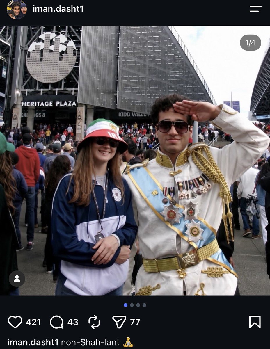 votevega26's tweet photo. Yeah, love it when the nepo baby’s of the expatriates demand our senate intervene in Iran

This is from the dudes instagram who asked the question, dressing up as the Shah of Iran, at a World Cup game.

The feds needs to find better agents to infiltrate lmfao https://t.co/7qftp6vZOb