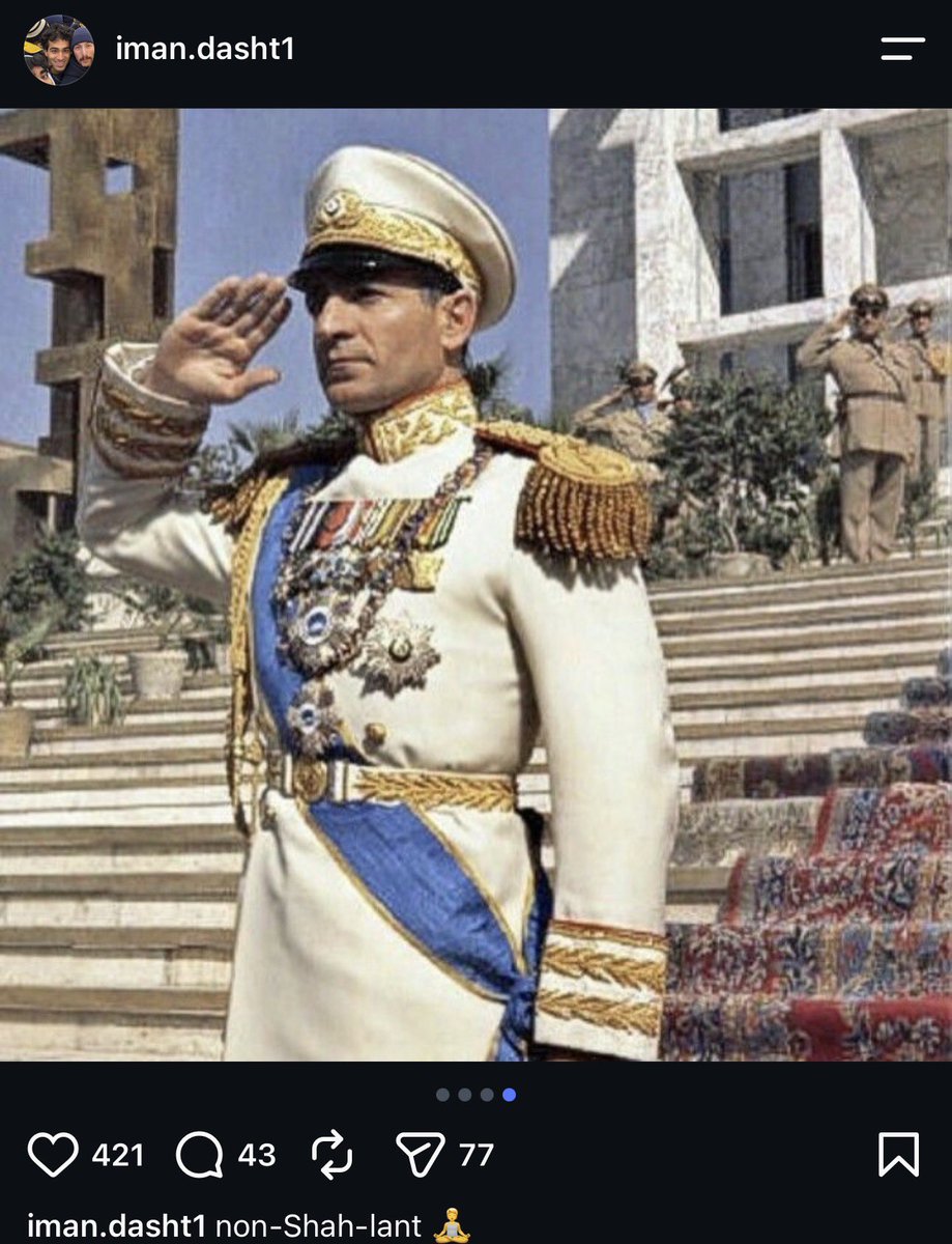 votevega26's tweet photo. Yeah, love it when the nepo baby’s of the expatriates demand our senate intervene in Iran

This is from the dudes instagram who asked the question, dressing up as the Shah of Iran, at a World Cup game.

The feds needs to find better agents to infiltrate lmfao https://t.co/7qftp6vZOb