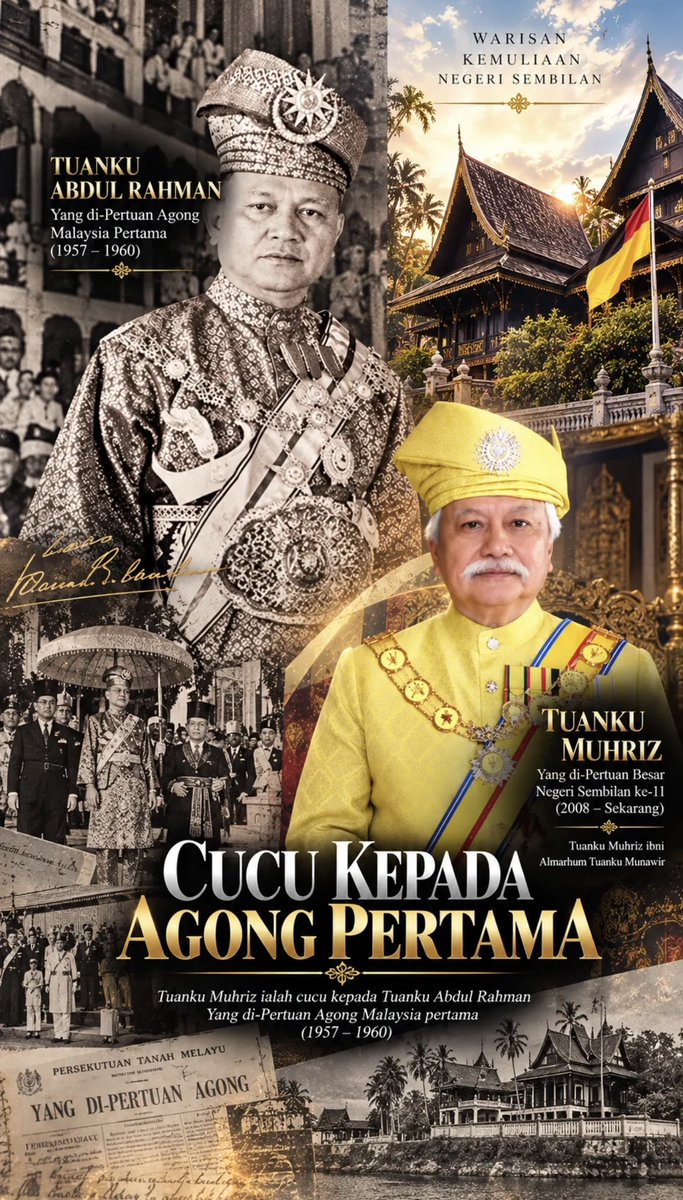 amer7211's tweet photo. Yamtuan Besar Negeri Sembilan, Tuanku Mukhriz adalah cucu kepada Agong Pertama Tuanku Abdul Rahman. 

Baginda adalah putera sulung Tuanku Munawir (Yamtuan Besar Negeri Sembilan 1960–1967). Apabila Tuanku Munawir mangkat pada 14 April 1967, Tuanku Muhriz ketika itu berusia sekitar 18–19 tahun. Undang Yang Empat tidak memilih beliau, sebaliknya memilih bapa saudara baginda, Tuanku Ja’afar ibni Almarhum Tuanku Abdul Rahman, sebagai Yamtuan Besar ke-10.
Alasan utama yang dinyatakan ialah usia Tuanku Mukhriz yang masih muda; Undang mahukan pemerintah yang lebih berpengalaman.

Sistem Negeri Sembilan memang bukan warisan mutlak kepada anak sulung. Undang Yang Empat memilih dari kalangan Putera Yang Empat berdasarkan kesesuaian. Anak lelaki pemerintah yang mangkat diutamakan, tetapi mereka boleh memilih saudara lelaki jika dianggap lebih sesuai.

Selepas Tuanku Ja’afar mangkat pada Disember 2008, Undang memilih semula Tuanku Mukhriz sebagai Yamtuan Besar ke-11. Kali ini baginda sudah berusia 60 tahun. Ramai melihatnya sebagai pemulihan susur galur yang sepatutnya.

Ringkasnya: ya, baginda “terlepas” takhta pada 1967 kerana masih muda, dan digantikan oleh Tuanku Ja’afar. Kemudian baginda dilantik pada 2008.

Semoga Allah sejahterakan dan panjangkan umur Tuanku Mukhriz untuk memimpin Negeri Sembilan. Daulat Tuanku!