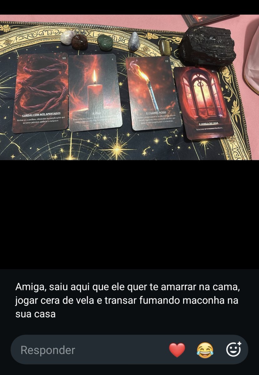 FernandaC6's tweet photo. Pedi pra minha amiga tirar no tarot as intenções do bofe comigo. Gostei amigos, mas não sei se é assim que funciona hahahahahahahahahahah https://t.co/s6pZesUfFW