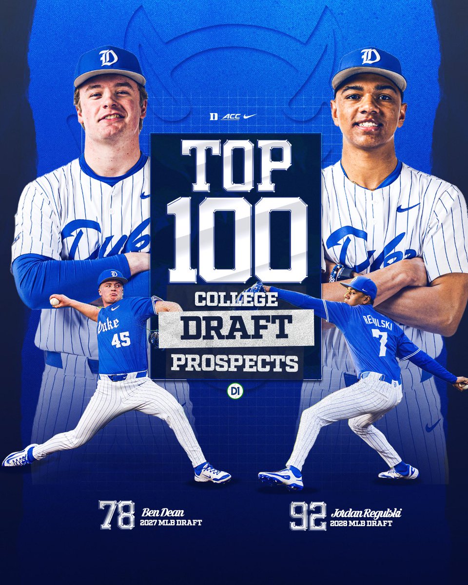DukeBASE's tweet photo. Ranked &amp; Ready 😈

Ben &amp; Jordan made @d1baseball’s list of Top 100 Prospects for the 2027 and 2028 MLB Drafts 🤝🏼

#GoDuke https://t.co/VPKGCtIW0c
