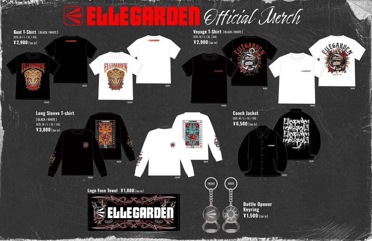 ELLEGARDEN_OFCL's tweet photo. 9/24 (木)「ETERNAL FIGHTER TAKERU　DEEPEST RESPECT」のグッズラインナップはこちら👕

＊先行販売は15:00～17:45まで

＊お一人様一会計につき、各アイテム4点までとなります。
(カラー展開のあるものは各色4点まで)

▼イベント詳細はこちら
https://t.co/11nmY3fuma

#ELLEGARDEN https://t.co/oz8LZKKT6D
