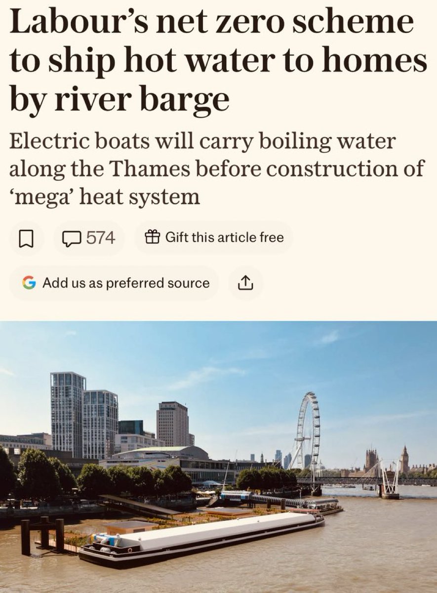 JamesMelville's tweet photo. This is absolutely insane. 

Labour’s Net Zero plan: £41m of taxpayers money spaffed away on massive electric barges hauling giant kettles of hot water up the Thames, dumping it in pontoon tanks, then piping it into homes so London can bin the gas boiler…because of Net Zero. https://t.co/d7DIhnwIvC