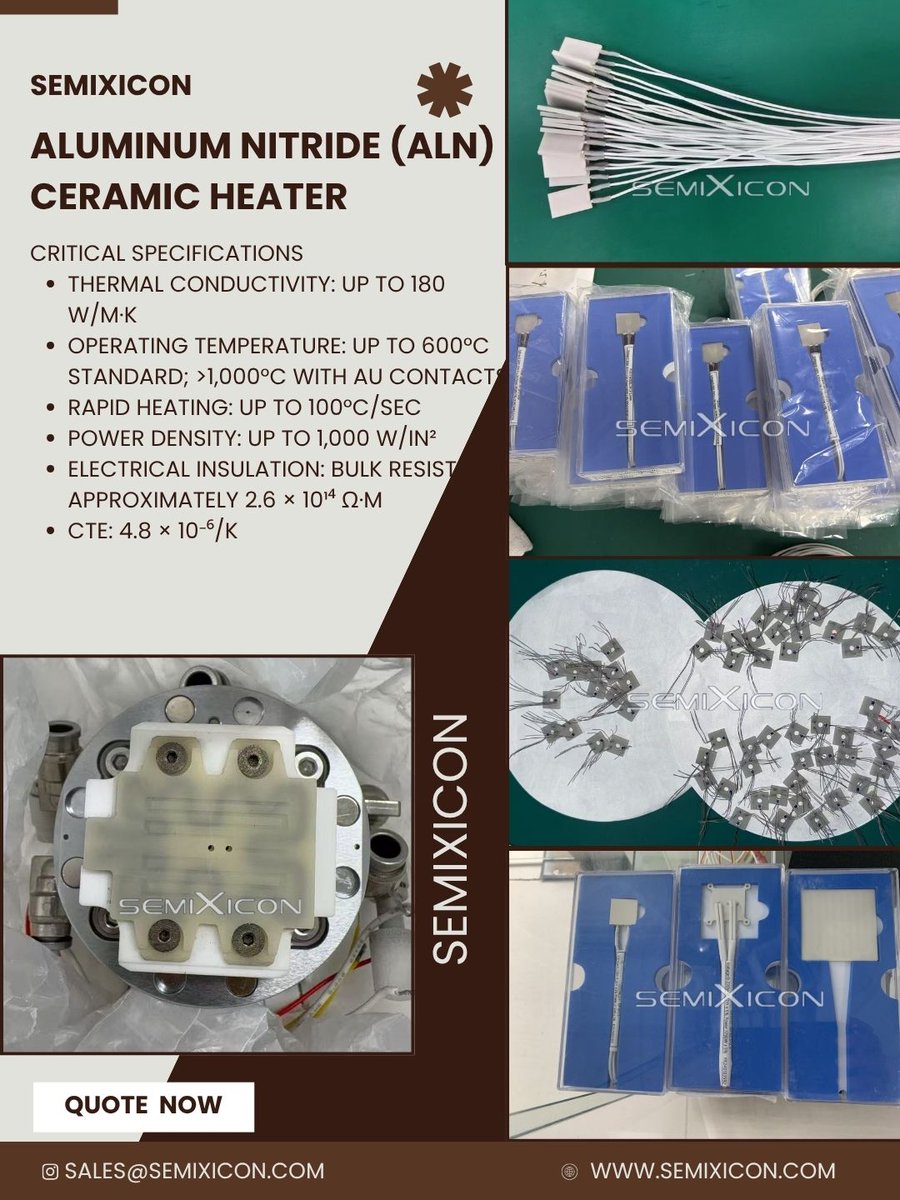 Maryli8868's tweet photo. SEMIXICON Aluminum Nitride(AlN)Ceramic Heater
https://t.co/BXwKUe6ahq
#AluminumNitrideHeater #AlNCeramicHeater #AlNHeater #CeramicHeater #AlNHeatingElement #SemiconductorHeater #WaferHeater #WaferHeating #WaferProcessing #PrecisionHeating #RapidHeating #ThermalChuck #FastRampRate https://t.co/lYruA2wGda