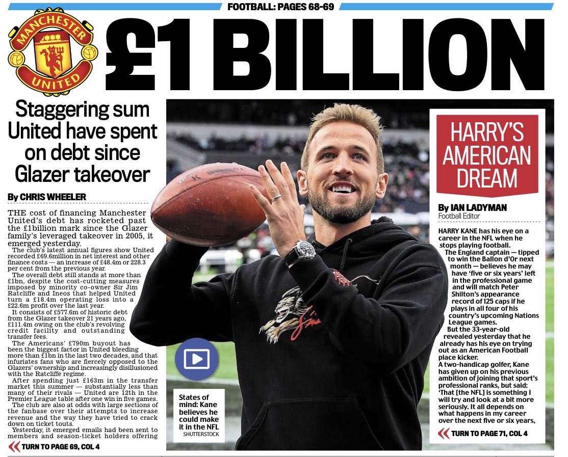 ChrisWheelerDM's tweet photo. 🚨 UTD IN THE RED
 
🔺 Interest costs since Glazer takeover top £1bn as per @KieranMaguire
🔺 Overall debt £1bn+
🔺 Record revenues/£43m net loss
🔺 Land for OT rebuild cost £63.5m
🔺 Amorim compo £8.2m
🔺 Pitch turf for sale at £125
https://t.co/ue7S8e1unI via @mailsport #mufc https://t.co/wJBRoLkRtM
