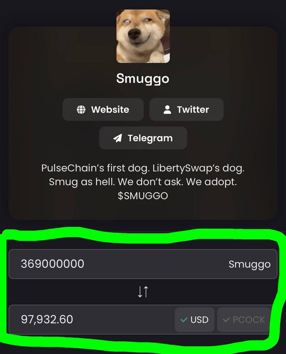 Inquisitio's tweet photo. THIS IS ABSOLUTELY CRAZY… 🤯

SMUGGO DEVS JUST BURNED 36,9% OF THE SUPPLY.

THIS IS A VALUE OF ~$100,000 GONE FOREVER. 

THIS IS INSANELY BULLISH 🔥🔥 #PulseChain https://t.co/GvVuAnfbju