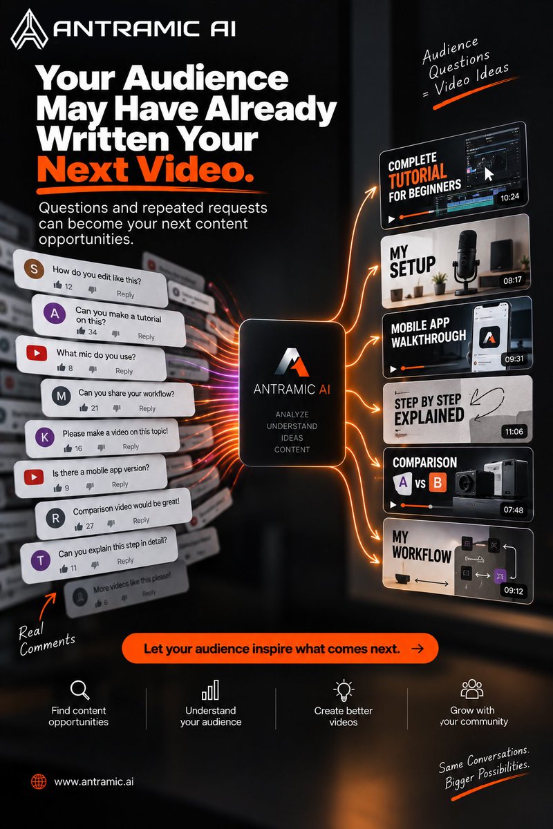 AntramicAI's tweet photo. Your next video idea may already be sitting inside your comments.
Questions and repeated requests can reveal topics your audience wants to explore next.
π https://t.co/M9Y6ON1Z2i
#AudienceLedContent #CommentDrivenIdeas
#VideoIdeaMining #CommunityInspired https://t.co/tYomkJv2iB