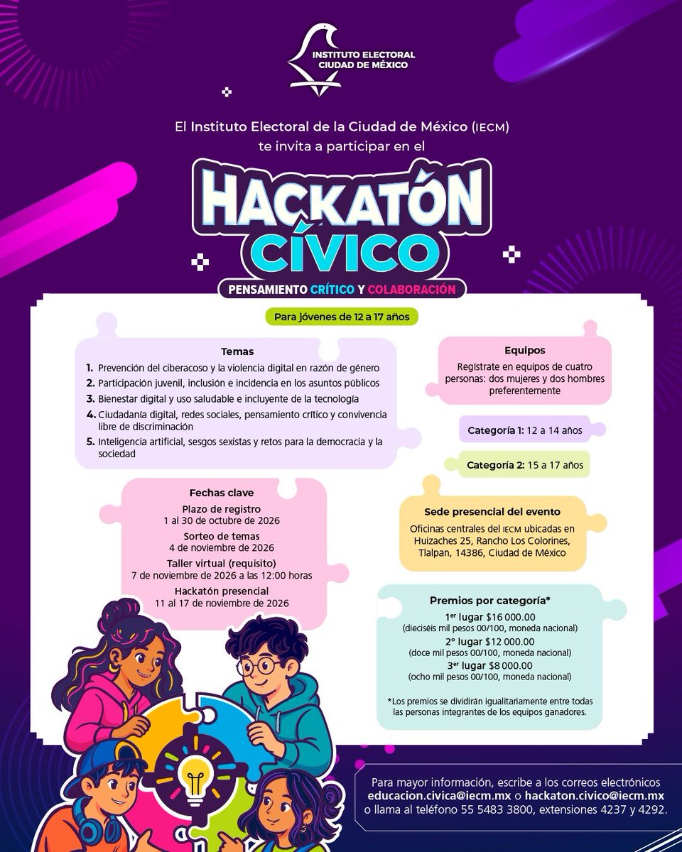 Distrito18IECM's tweet photo. 💡🧠 ¿Tienes entre 12 y 17 años y te interesa aportar ideas para transformar tu entorno?

El IECM te invita a participar en el Hackatón Cívico, un espacio para desarrollar el pensamiento crítico y la colaboración, junto con otras y otros jóvenes. https://t.co/K4SPBDUtNW