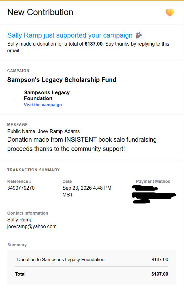 sampson_dog's tweet photo. We just donated $137.00 as the net proceeds from the INSISTENT book sales for the fundraiser promotion! Thank you all! 

Our fundraiser for service dog personal protective equipment and students with disabilities scholarships ends Sept 30. 

Thank you all for your continued support!

If you would like to help out visit our merch account: https://t.co/3ZYjEusWQz

Or our fundraising account: https://t.co/EAUL9OVRII