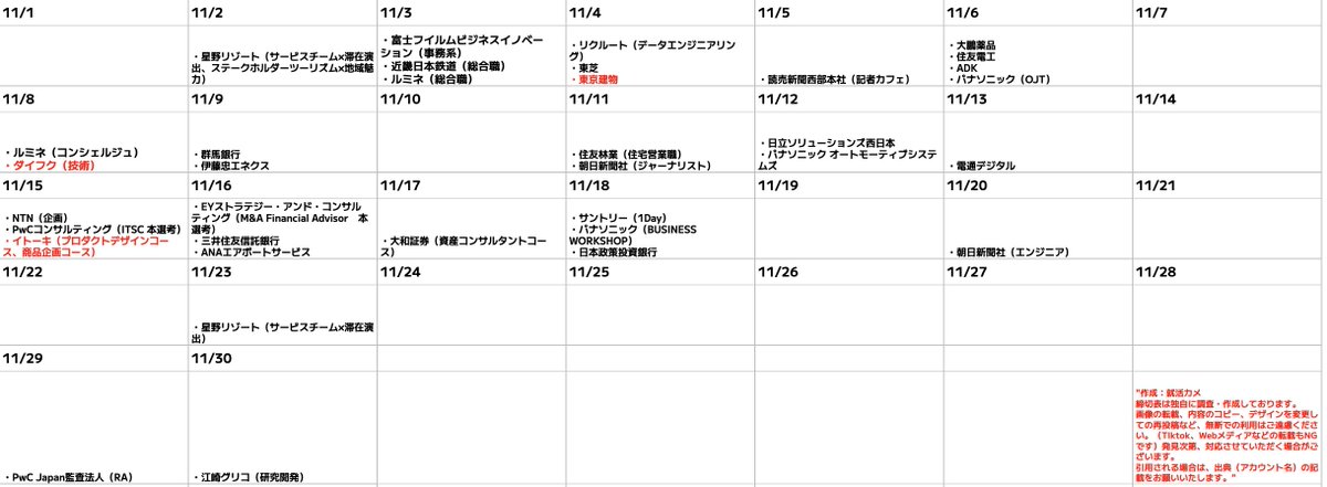 syukatsukame's tweet photo. 9/24更新
【28卒：秋冬インターン・本選考締切カレンダー】

最新版9月~12月締切です。10月締切が大変なことになってきました。。。締切ラッシュです🔥
秋冬インターンは既に本格化していますが、本選考の募集も徐々に増えてきます。
アクセンチュア、テレビ朝日、キリンなど大手企業の本選考も続々とスタート。

10月は締切が一気に増えるので、今のうちに気になる企��の締切を確認して、早めにエントリーを進めておきましょう！！
この時期からスカウトも増えてくるので、以下のスカウトサービスの登録も忘れずに！！

↓大手志望の28卒は絶対登録！！🔥
大手企業を目指すなら、irootsは必ず登録しておきましょう。登録しないのはマジで損です。
現在掲載中の企業には、
NTT東日本、富士通、アクセンチュア、住友商事、富士フイルム、三菱重工、日立 などの大手企業が掲載されています。
プロフィールを充実させることで、��常では出会えない非公開ルートのスカウト（早期選考・一部選考免除）が届く可能性があるので、必ず登録しておきましょう。
↓登録はこちら（無料）
https://t.co/1m7ejaLnyR
#pr