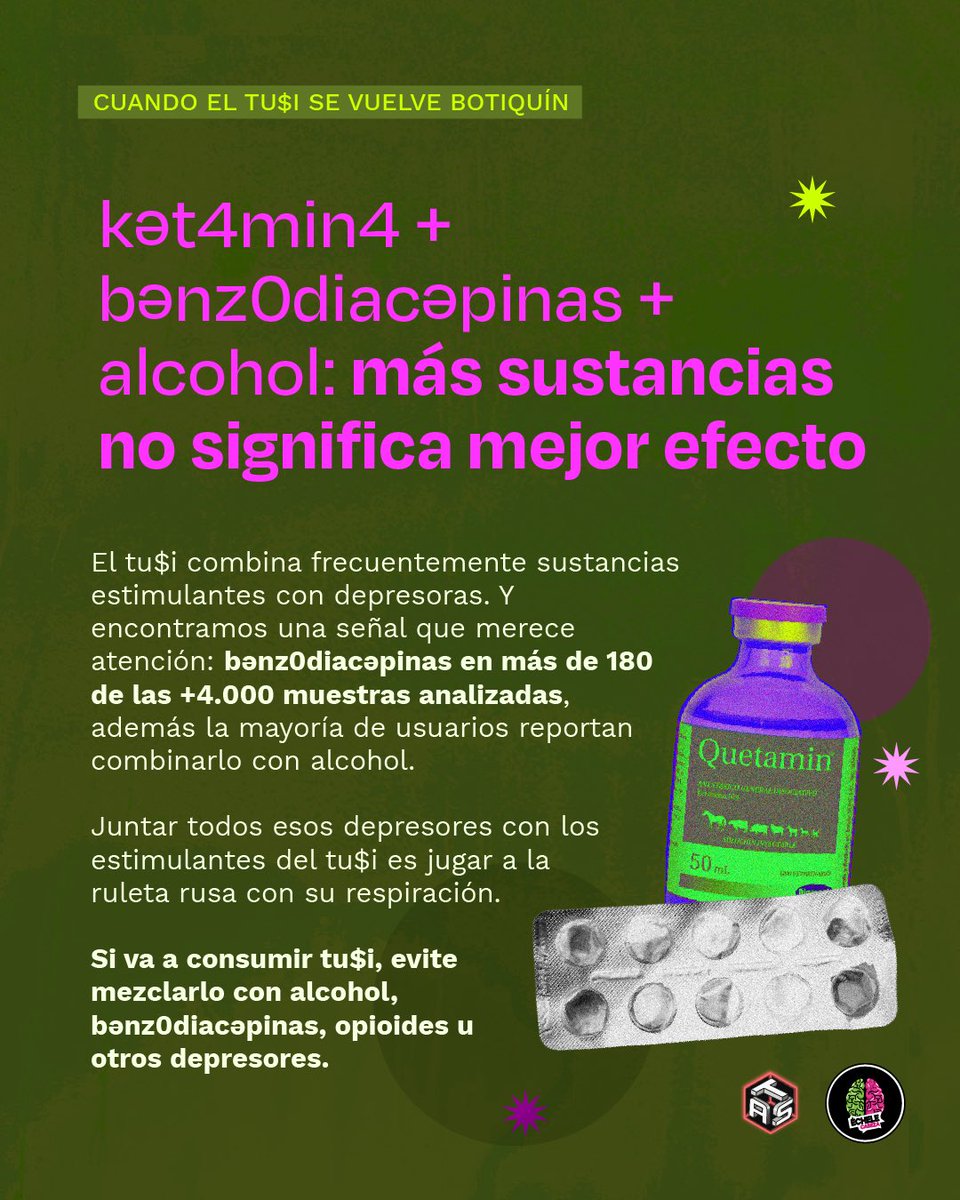 echelecabeza's tweet photo. Ket4min4, MDM4, MD4, c4t1n0n4s, benzos, m3t4nfet4mina, sl4x1n4 y sustancias desconocidas hacen parte del panorama que hemos encontrado. Y aunque algunas aparecen en proporciones pequeñas, hay una conclusión importante: la composición del tusi es cada vez más difícil de predecir solo por su apariencia, experiencia inicial color, o por lo que dice quien lo vende.