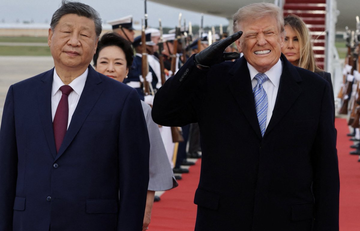 OccupyDemocrats's tweet photo. BREAKING: LOL! Trump totally humiliates himself in front of Xi Jinping by wincing and grimacing due to the loud noises from his own military flyover.

This big meeting is off to a great start...

China's President Xi arrived at Joint Base Andrews today ahead of his state visit to the White House. Trump met him at the airport and had the military roll out a dramatic red carpet.

But it was footage of Trump reacting to a flyover by a B-2 Spirit bomber and F-22s Raptor that quickly went viral. The show of force, no doubt designed to intimidate Xi and demonstrate American might, was apparently too much for our demented, declining President to weather with a brave face.

As the aircraft screeched overhead, Xi remained stoic and unperturbed. Trump, who was standing right beside him saluting, had a far less elegant response. He grimaced and bared his teeth as if in excruciating pain. 

It was a deeply embarrassing moment for a man who prides himself on presenting a strongman persona to the world and it happened while he was standing beside one of America's greatest adversaries.

And look, in the scheme of things a little moment like this isn't terribly important but it so perfectly emblematic of this White House: obsessed with superficial displays of masculinity and strength, while our leaders themselves are weak, whiny wimps.

Please ❤️ and share if you think that Xi is eating Trump's lunch!