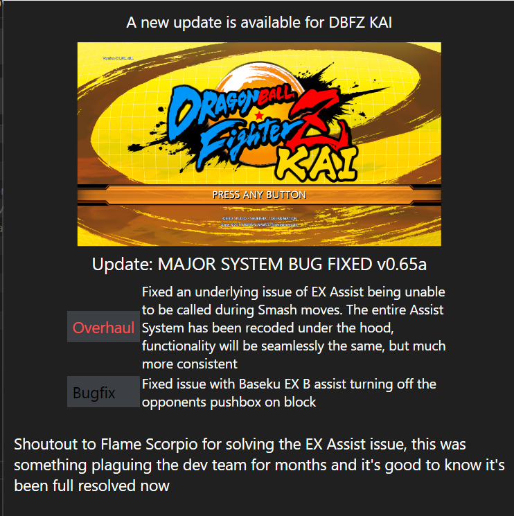 DBFZKai's tweet photo. Version 0.65a

Major Bug Fix! 

Ex Assist Attack error has been resolved! 

Enjoy! https://t.co/jMqzR0DGwl