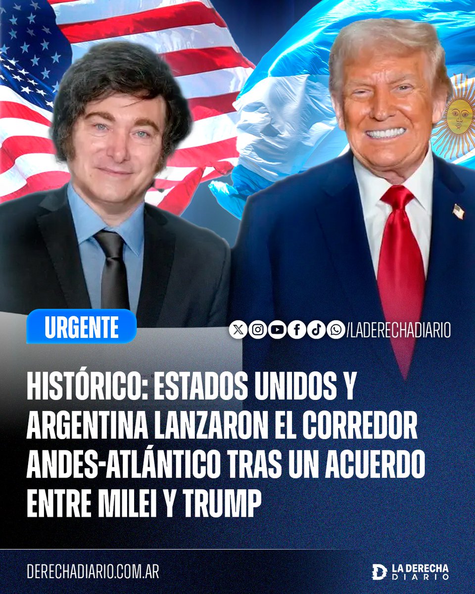 laderechadiario's tweet photo. 🚨🇦🇷🇺🇸 | URGENTE — ARGENTINA Y ESTADOS UNIDOS LANZARON EL CORREDOR ANDES-ATLÁNTICO TRAS UN ACUERDO ENTRE MILEI Y TRUMP

La nueva iniciativa conectará la matriz productiva argentina con los principales puertos del Atlántico y los mercados de Occidente, impulsando inversiones estadounidenses en transporte, energía, minerales críticos, infraestructura y tecnología.

Estados Unidos prevé movilizar hasta US$7.000 millones a través del EXIM Bank para proyectos de energía y minerales críticos, mientras ambos gobiernos buscan profundizar la integración económica y estratégica entre los dos países.

“El compromiso del presidente Trump y el liderazgo del presidente Milei se traducen hoy en algo concreto: Estados Unidos y Argentina lanzaron el Corredor Andes-Atlántico”, destacó el embajador estadounidense Peter Lamelas.