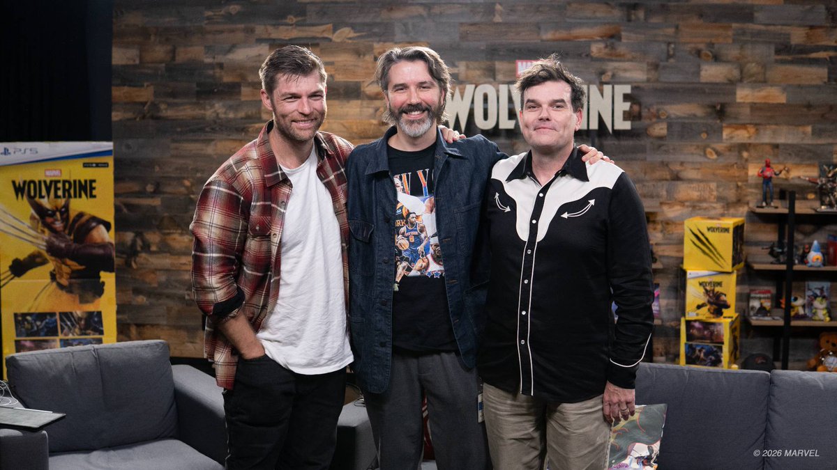 Liam McIntyre, David Fleming, and Marcus Smith pose for a photo on the Insomniac Live set in Burbank, CA