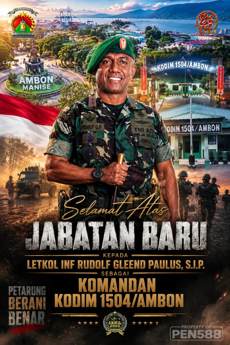 M1513sbb's tweet photo. Keluarga Besar Kodim 1513/SBB mengucapkan Selamat dan Sukses Kepada  Letkol Inf Rudolf Glennd Paulus ( Dandim 1513/SBB Periode 2022 - 2025 ) atas jabatan baru Sebagai Komandan Kodim 1504/Ambon  

#tniprima 
#kodim1504ambon https://t.co/A5zBDm5IH2