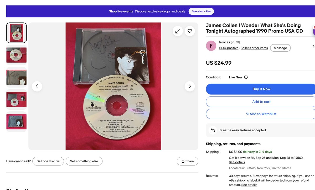 jimijamm's tweet photo. I’ve never seen three of my old promo singles from Amherst Records on eBay at once….and the SIGNED copy can be yours for $24. 😎

Which means somebody asked my autograph years ago and is now hocking it 🤣 https://t.co/xQU53smleU