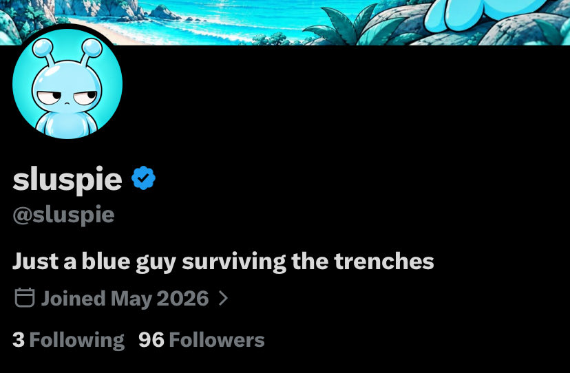 sluspie's tweet photo. 7 days into posting content and only 1.5 months into the trenches.

Already at 600 followers on TikTok and 100 on X.

Honestly, I have no words. Appreciate everyone who’s watching me learn memecoins, make mistakes, take wins and losses, and document the entire journey.

My goals before 2027:

- Actually learn how to trade memecoins instead of half gambling
- Keep improving my content and documenting everything
- Meet new people and build real connections in the space
- Give back to the people who genuinely want to see me win
- Work on my physique and become a better version of myself
- Get a new setup

Still new to the trenches, still learning every day.

Let’s see where this goes 🩵