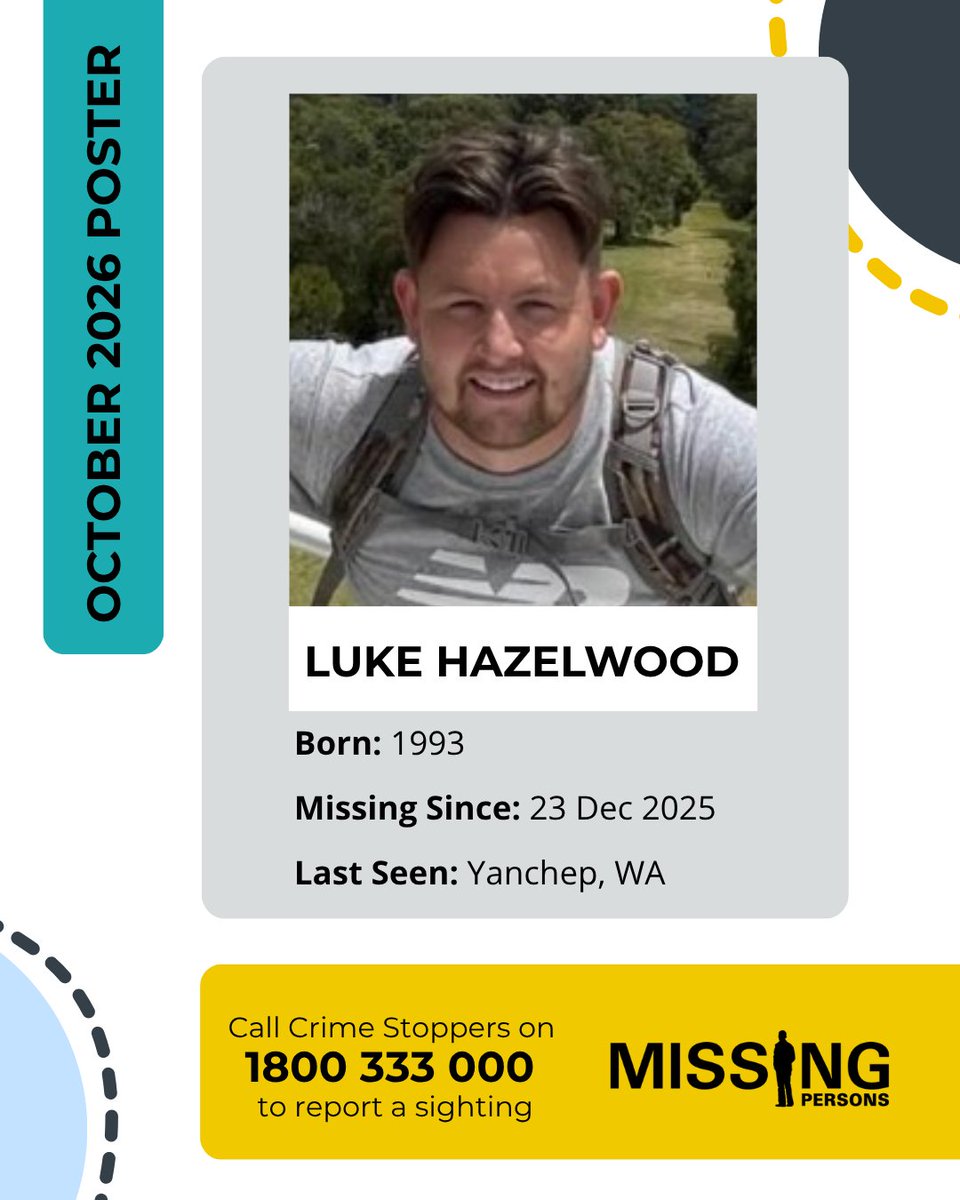 AFPNMPCC's tweet photo. On Tuesday 23 December 2025, Luke Hazelwood was reported missing to police. Luke's last known location was believed to be Lancelin where he had abandoned his vehicle. If you have any information that may assist police to locate Luke, please call Crime Stoppers. https://t.co/68dCxck8N6