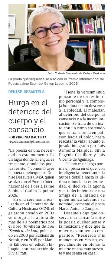 vicabau's tweet photo. La poeta quebequense Denise Desautels gana el Premio Internacional de Poesía Jaime Sabines / Gatien Lapointe 2026 por 'Sepulcro de Lou'. https://t.co/y2JLzYNxwb