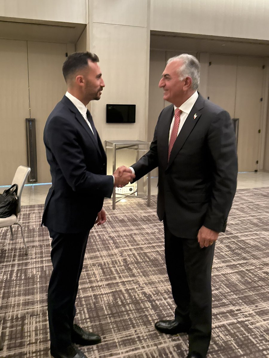 Sflecce's tweet photo. As Iranians lead a global effort against a regressive dictatorship, I affirmed my unshakeable support for freedom to the Former Crown Prince of Iran, Reza Pahlavi. 

We will never back down in our support for democracy over this brutal dictatorship. https://t.co/zOkBfCDXXI