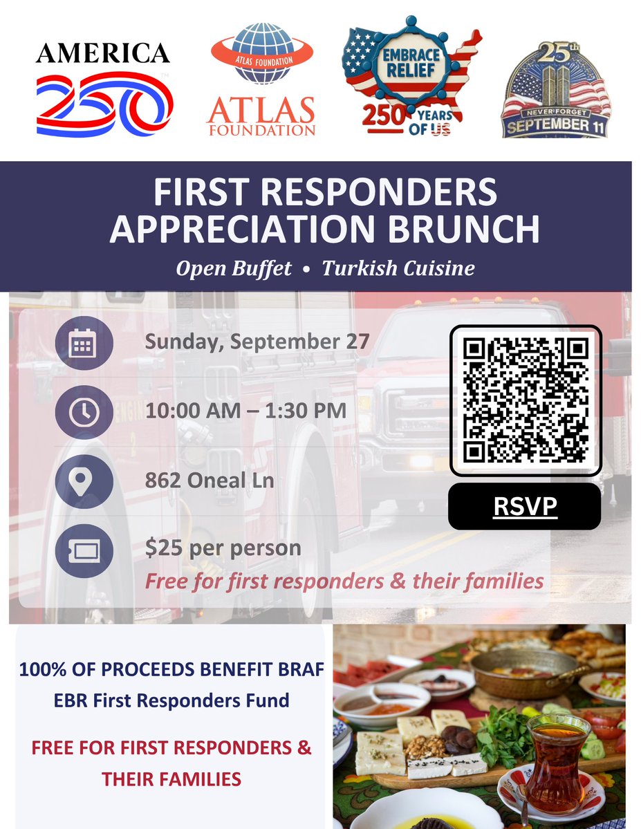 AtlasLouisiana's tweet photo. First Responders Appreciation Brunch
Sunday, Sep. 27
Drop by anytime between 10 AM and 1:30 PM
Join us for a Turkish-style brunch as we come together to honor and show our appreciation for local first responders.
RSVP: https://t.co/GsXTh3F59M https://t.co/Ud2WsveQ4J