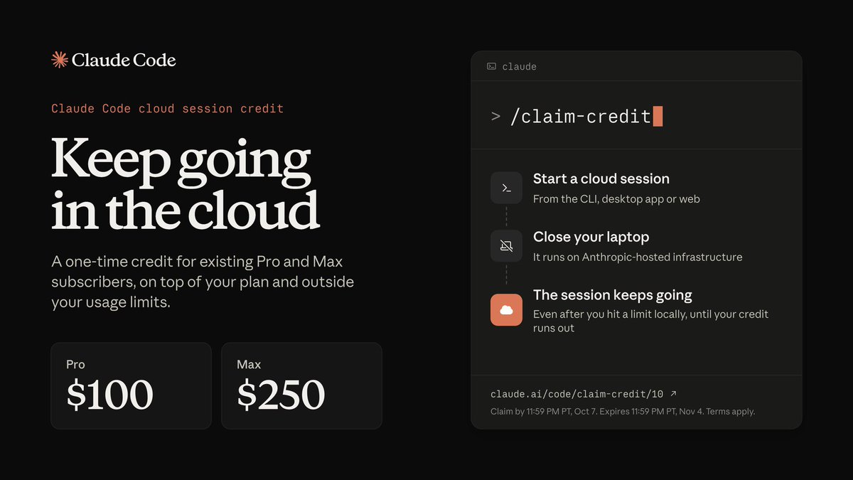 SOU_BTC's tweet photo. 【速報】Claude Code、PCを閉じても動き続ける「Cloud Sessions」を正式リリース

PC上で処理を続ける必要がなくなり、ノートPCを閉じた後でもクラウド上でClaude Codeを動かし続けられる。

- 既存ユーザーには試用クレジットを1回限り付与

・Pro：100ドル分
・Max：250ドル分 https://t.co/GjScl7wNhd