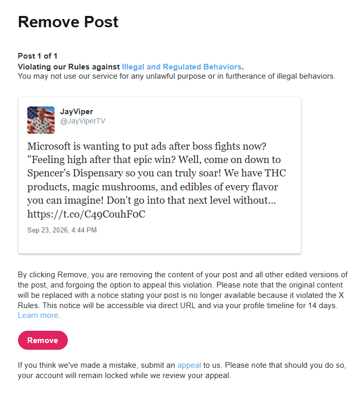 Jayviper_Backup's tweet photo. WELP, I'm banned for 12 hours for making a joke about a dispensary being advertised in a Microsoft in-game ad. 

HOW STUPID. Clear satire, too. I would have appealed, but who knows how long that'd take. https://t.co/zRq03KR1nN