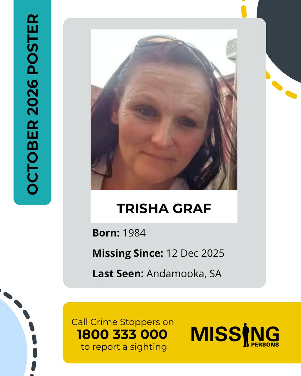 AFPNMPCC's tweet photo. Trisha Anne Graf was last seen in the early hours of 12 December 2025, in the township of Andamooka in SA. Her vehicle was located that same day, about 4kms east of the township. If you have any information that may assist police to locate Trisha, please call Crime Stoppers. https://t.co/xrPziZ4ShF