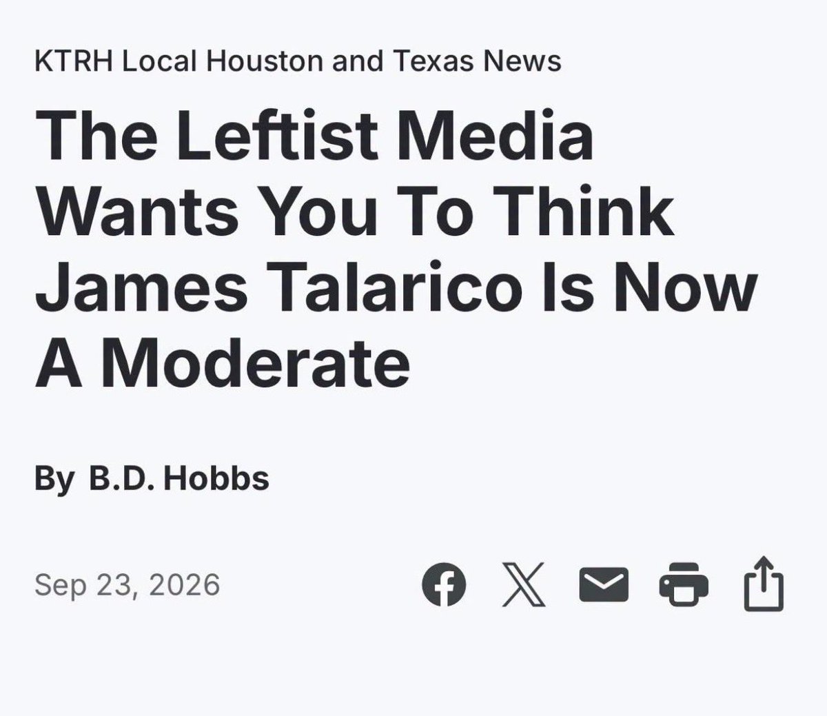 brianeharrison's tweet photo. From @ktrhnews: "U.S. Senate candidate James Talarico (D-TX) has been trying to walk back some of his most radical positions, like on gender and climate change. And the liberal left-wing media is all in.

Case in point, the leftist funded Texas Tribune, which wrote a lengthy propaganda piece on how Talarico will remain a moderate once he gets elected.

"The Tribune copy editors forgot how to spell, they clearly misspelled the word L-Y-I-N-G" said State Representative, Brian Harrison (R-TX), "Because moderating is not what he's doing."

If anyone would know, it's Harrison who has had to work alongside Talarico for years in the Texas House.

"I know James Talarico, I have for better or for worse served with him for many years now, and make know mistake about it, James Talarico is more liberal than Bernie Sanders" Harrison told KTRH.

Talarico's past comments, and voting records, back that up. So, it's no surprise that the 'mainstream' media is trying to help with his extreme makeover.

"I think he's more radical than that lunatic that he defeated, Jasmine Crockett" noted Harrison, "There has never been a more liberally extreme candidate who is more out of touch with the views of patriotic, hard working Texans, than James Talarico. He must be defeated at the ballot box."

Election Day is now just 41 days."